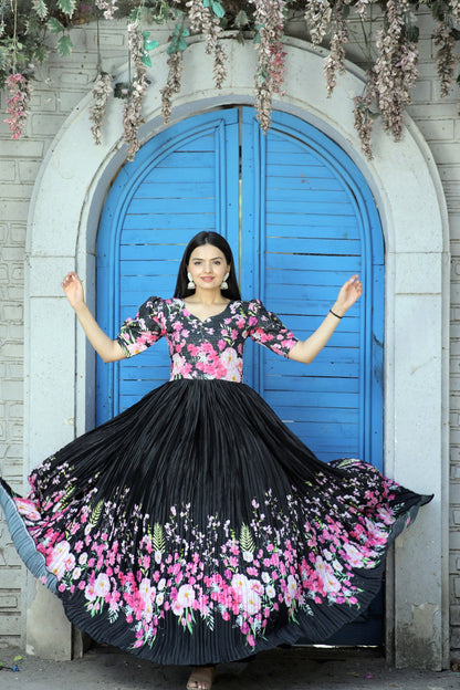 Black Floral Designer Party Wear Full Flared Long Gown