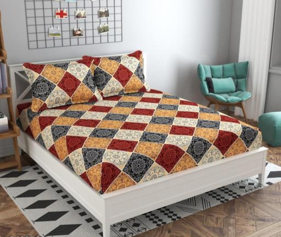 Super Soft Glace Cotton All Round Elastic Fitted Double Bed Bedsheet with 2 Pillow Covers-72x78x8