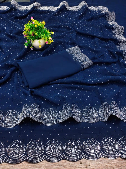 Georgette Embellished Saree for Women (Navy Blue, 6.3 m)